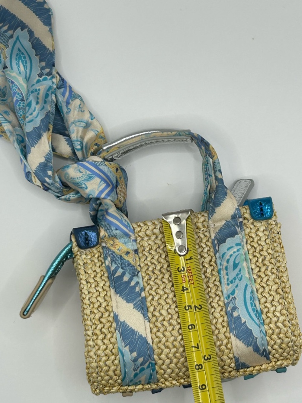 Kurt Geiger Straw Mini Bag with Blue & Cream Scarf Accents - Picture 5 of 10